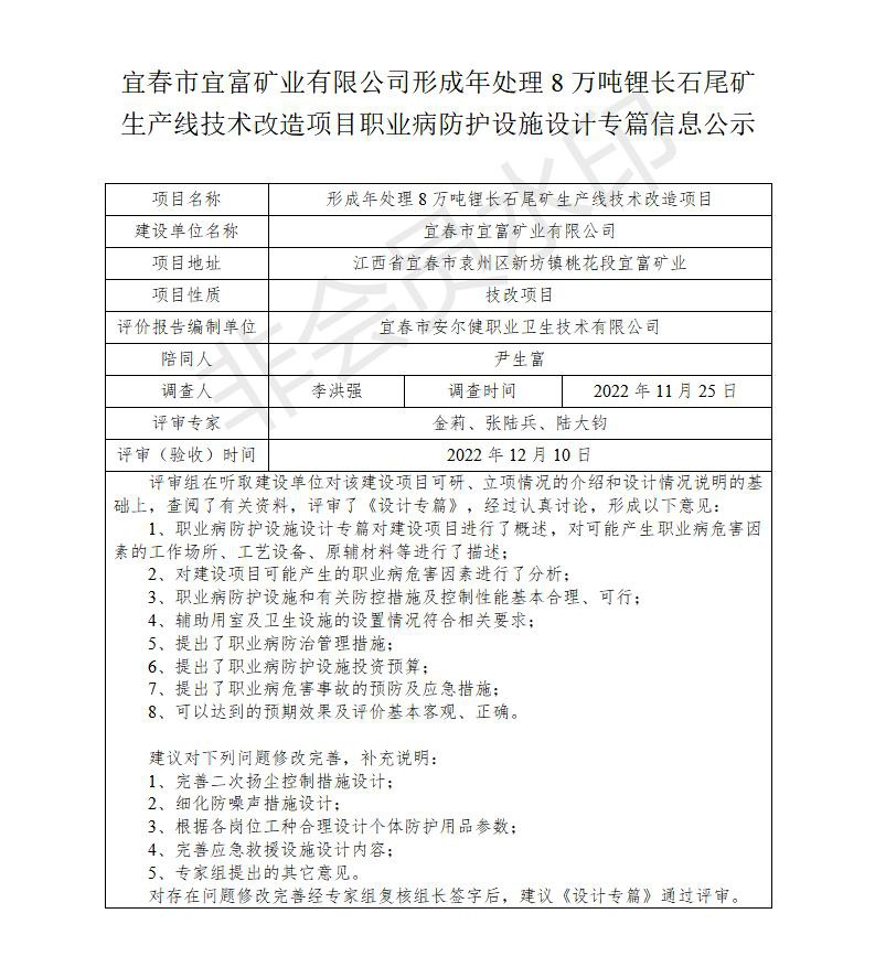 1671433404407145.jpg 宜春市宜富礦業(yè)有限公司形成年處理8萬噸鋰長石尾礦生產(chǎn)線技術(shù)改造項目 職業(yè)病防護設(shè)施三同時工作公示信息(設(shè)計)_01.jpg