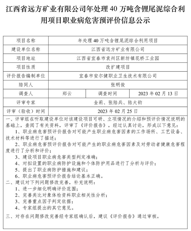 1679975625660491.jpg 江西省遠(yuǎn)方礦業(yè)有限公司年處理40萬噸含鋰尾泥綜合利用項(xiàng)目職業(yè)病危害預(yù)評(píng)價(jià)信息公示.jpg