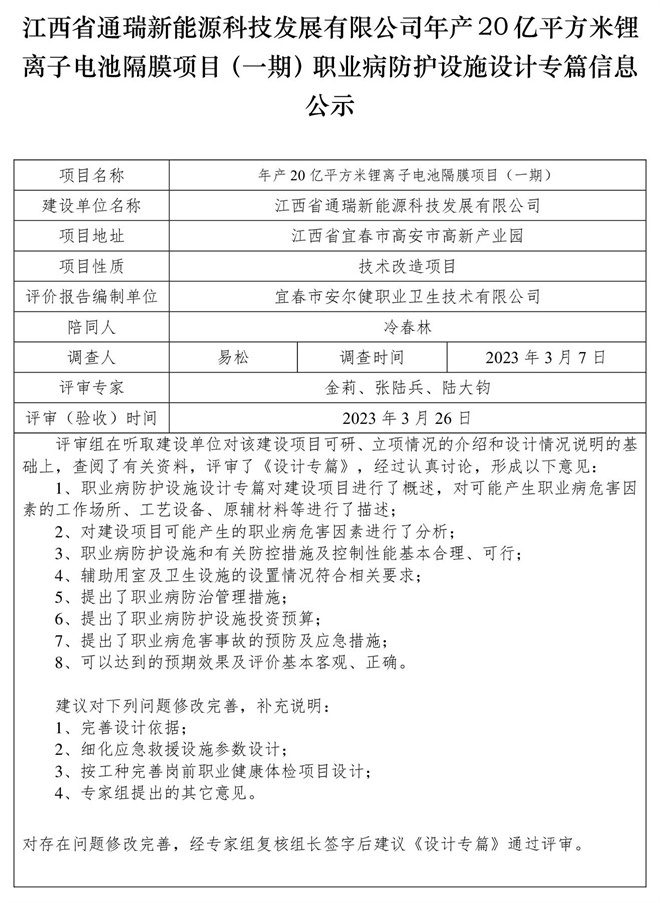 1679975659256979.jpg 江西省通瑞新能源科技發(fā)展有限公司年產(chǎn)20億平方米鋰離子電池隔膜項目(一期)職業(yè)病防護設施設計專篇信息公示.jpg