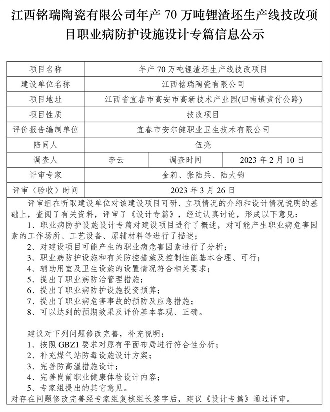 1679975687909659.jpg 江西銘瑞陶瓷有限公司年產(chǎn)70萬噸鋰渣坯生產(chǎn)線技改項目職業(yè)病防護設施三同時工作公示信息(設計).jpg