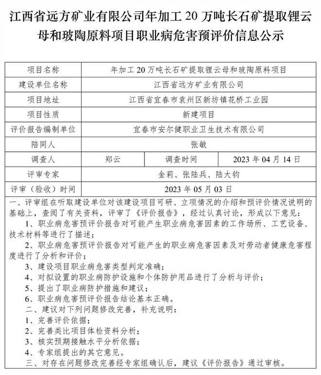 1685425649383524.jpg (預(yù)評價(jià)信息公示)江西省遠(yuǎn)方礦業(yè)有限公司年加工20萬噸長石礦提取鋰云母和玻陶原料項(xiàng)目職業(yè)病危害.jpg